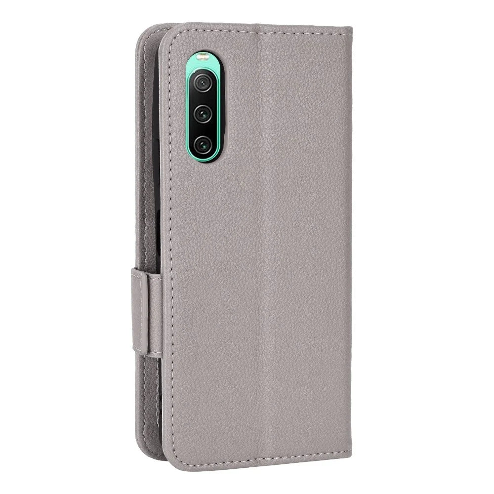 For Sony Xperia 10 IV Phone Cover, Side Buckle Litchi Texture Leather Phone Case Wallet Stand Design PU Leather Case - Grey - 7