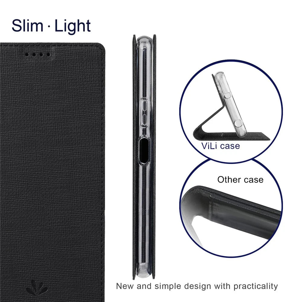VILI DMX Series for Sony Xperia 10 IV PU Leather Auto Closing Magnetic Phone Case Card Holder Stand Protective Cover - Black - 5