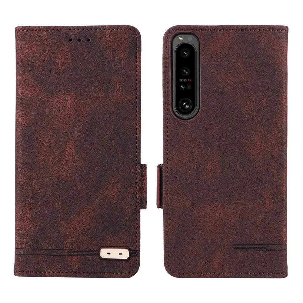 For Sony Xperia 1 IV PU Leather Shockproof Hardware Design Phone Case Wallet Stand Folio Flip Cover - Coffee - 1
