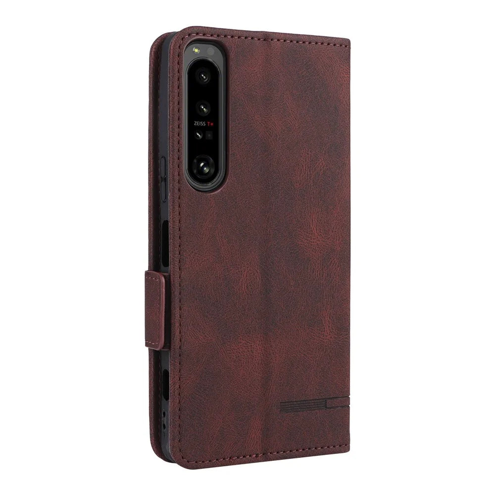 For Sony Xperia 1 IV PU Leather Shockproof Hardware Design Phone Case Wallet Stand Folio Flip Cover - Coffee - 4