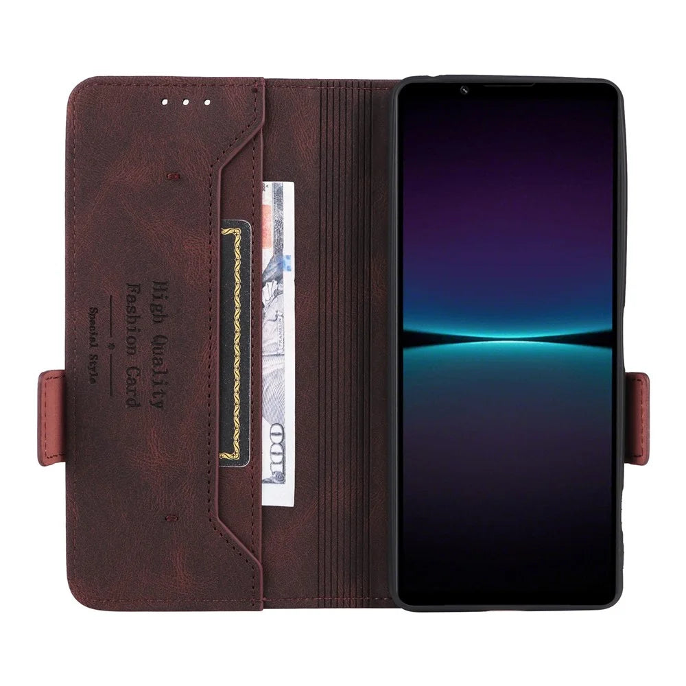 For Sony Xperia 1 IV PU Leather Shockproof Hardware Design Phone Case Wallet Stand Folio Flip Cover - Coffee - 5