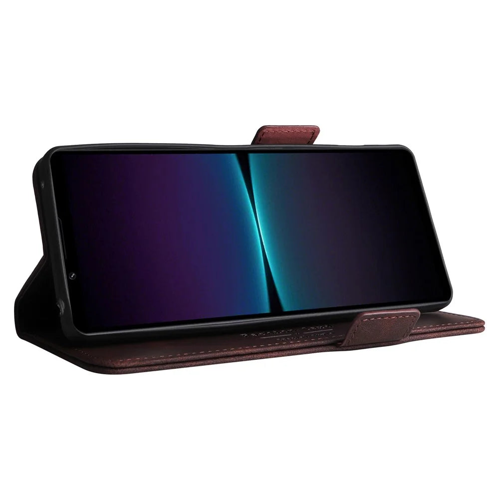 For Sony Xperia 1 IV PU Leather Shockproof Hardware Design Phone Case Wallet Stand Folio Flip Cover - Coffee - 6