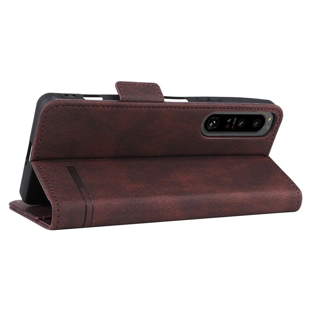 For Sony Xperia 1 IV PU Leather Shockproof Hardware Design Phone Case Wallet Stand Folio Flip Cover - Coffee - 7