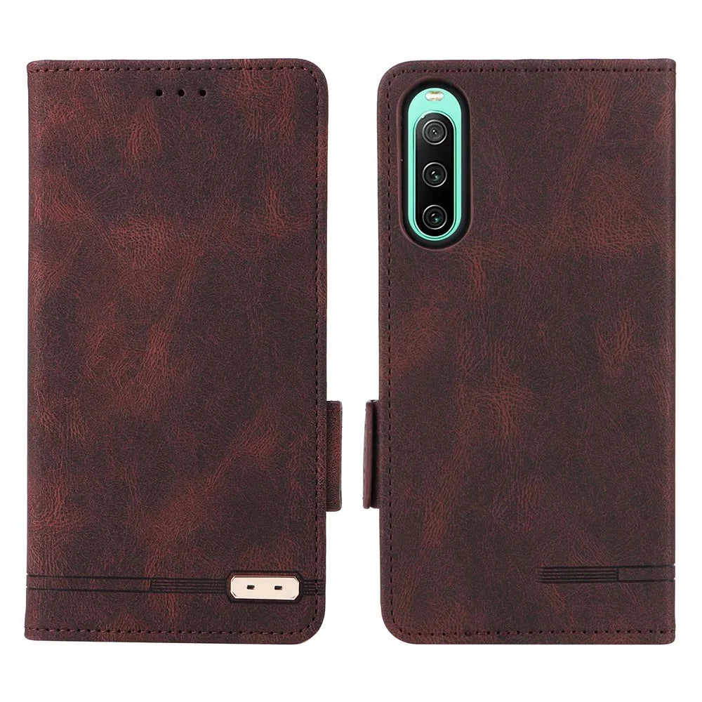 Hardware Design Phone Case for Sony Xperia 10 IV, PU Leather Anti-drop Wallet Stand Shell - Coffee - 1