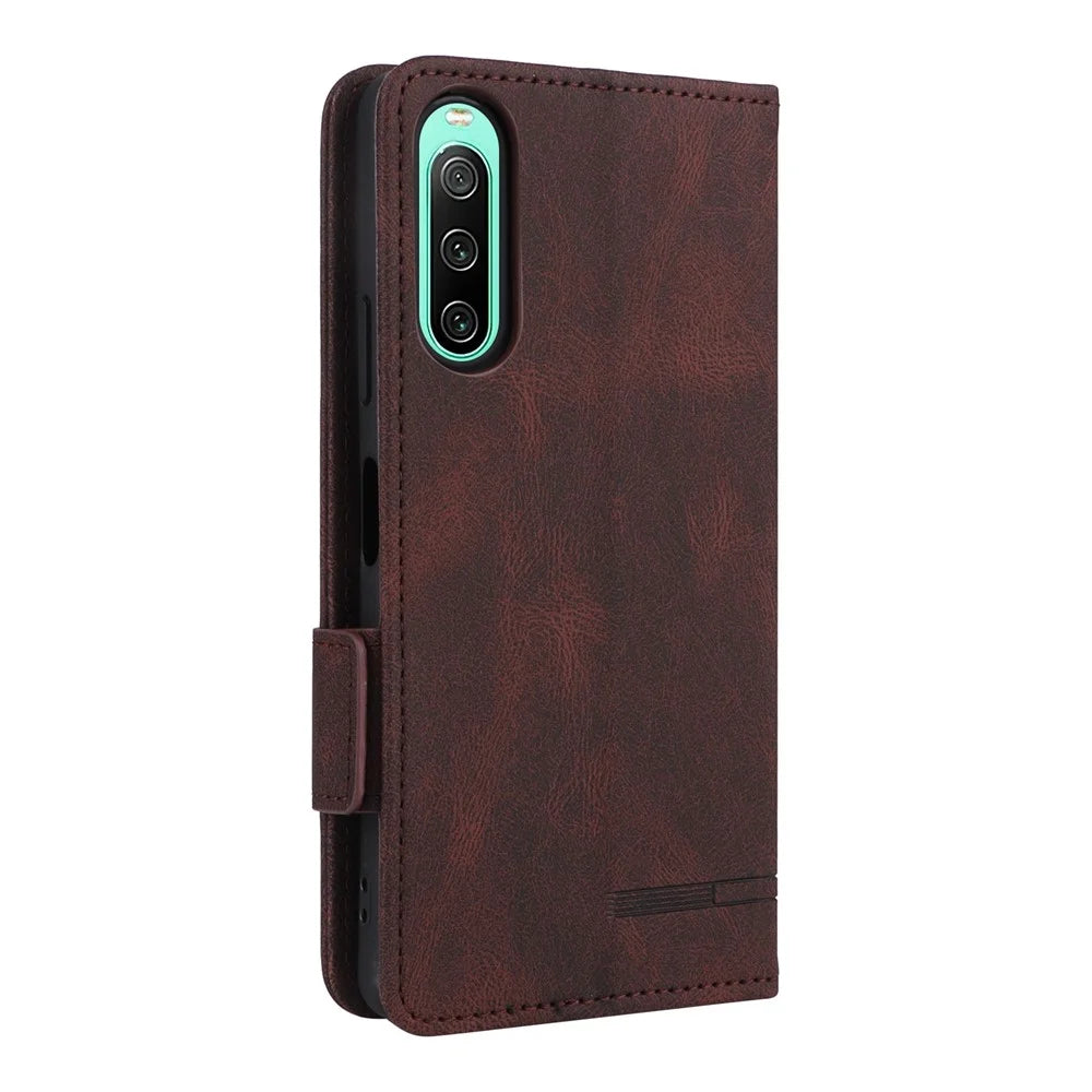 Hardware Design Phone Case for Sony Xperia 10 IV, PU Leather Anti-drop Wallet Stand Shell - Coffee - 4