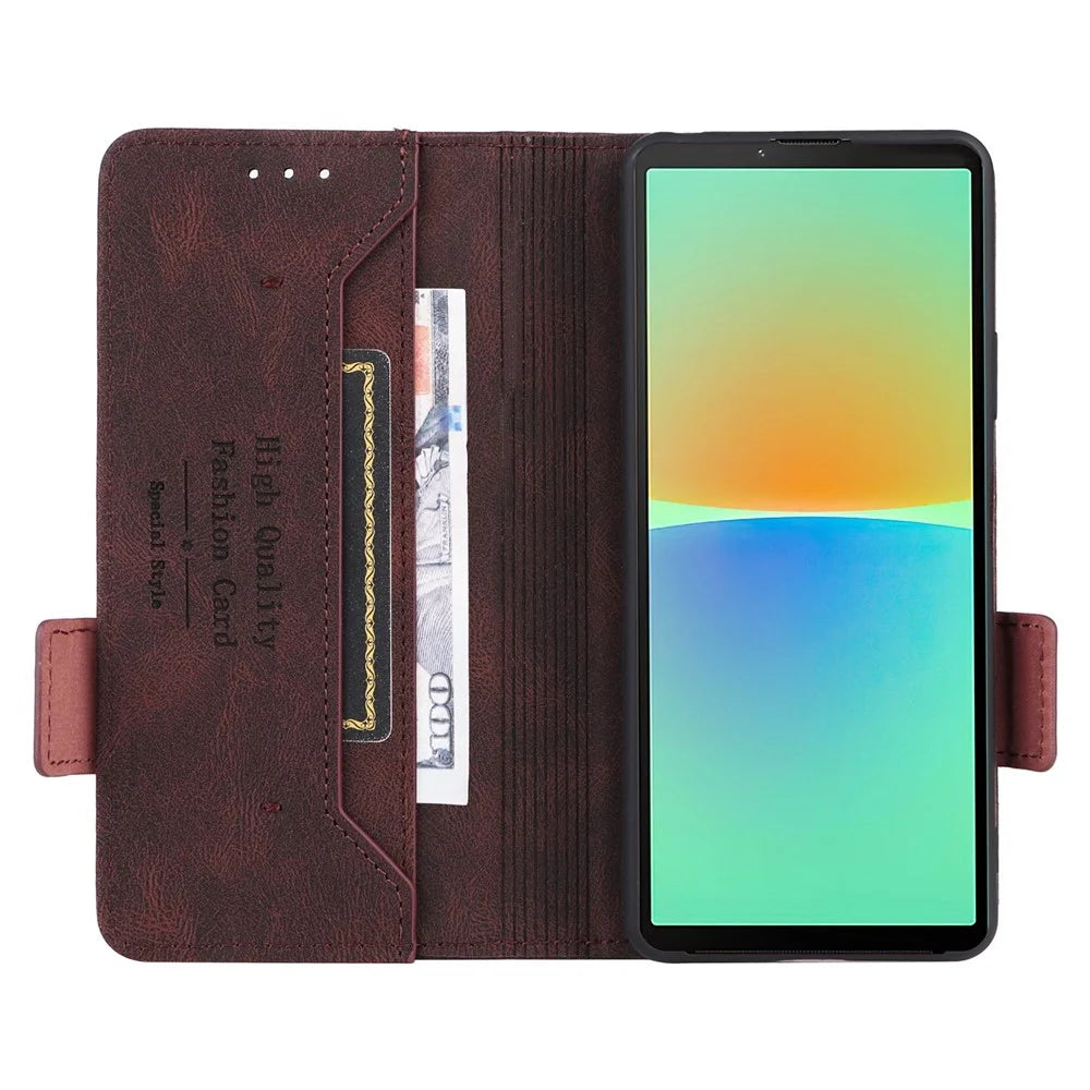Hardware Design Phone Case for Sony Xperia 10 IV, PU Leather Anti-drop Wallet Stand Shell - Coffee - 5