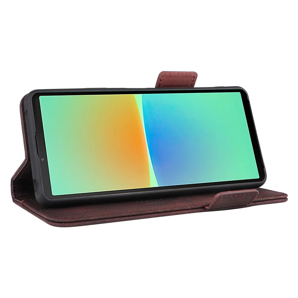 Hardware Design Phone Case for Sony Xperia 10 IV, PU Leather Anti-drop Wallet Stand Shell - Coffee - 6