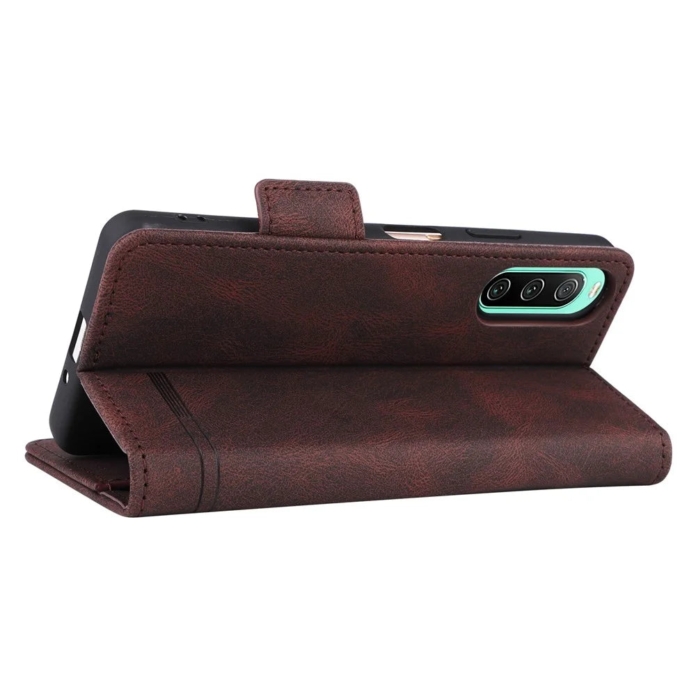 Hardware Design Phone Case for Sony Xperia 10 IV, PU Leather Anti-drop Wallet Stand Shell - Coffee - 7