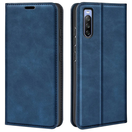For Sony Xperia 10 IV PU Leather Wallet Flip Cover 3 Card Slots Magnetic Auto-Absorbed Skin Touch Feeling Stand Folio Phone Case - Blue - 1