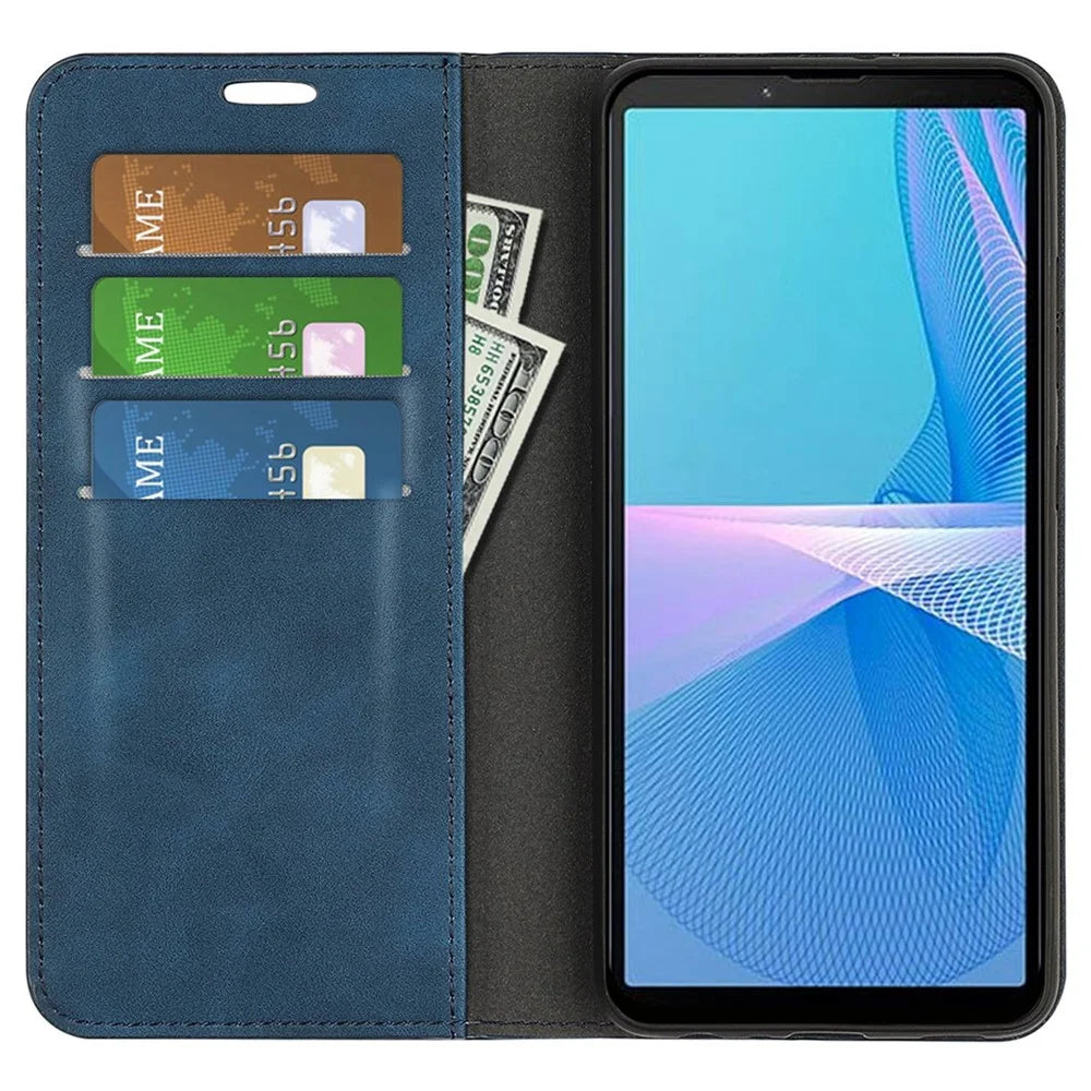 For Sony Xperia 10 IV PU Leather Wallet Flip Cover 3 Card Slots Magnetic Auto-Absorbed Skin Touch Feeling Stand Folio Phone Case - Blue - 2