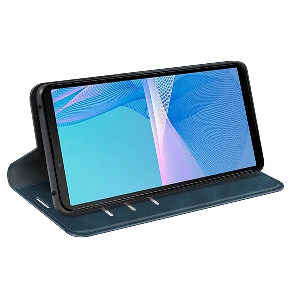 For Sony Xperia 10 IV PU Leather Wallet Flip Cover 3 Card Slots Magnetic Auto-Absorbed Skin Touch Feeling Stand Folio Phone Case - Blue - 3