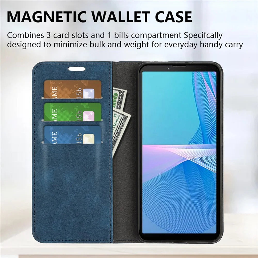 For Sony Xperia 10 IV PU Leather Wallet Flip Cover 3 Card Slots Magnetic Auto-Absorbed Skin Touch Feeling Stand Folio Phone Case - Blue - 4