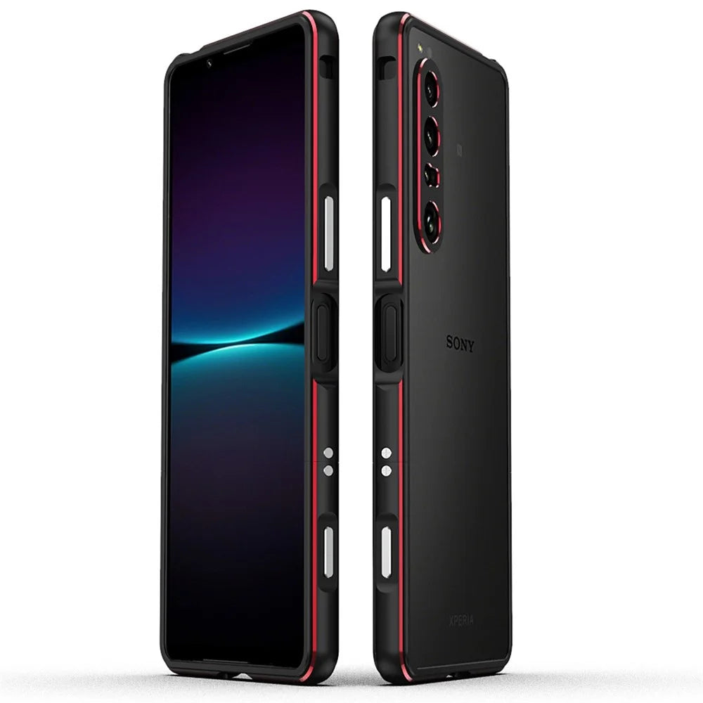 For Sony Xperia 1 IV 5G Bumper Case Metal Frame Shock Absorbent Bumper Cover with Camera Lens Protector - Black/Red - 1