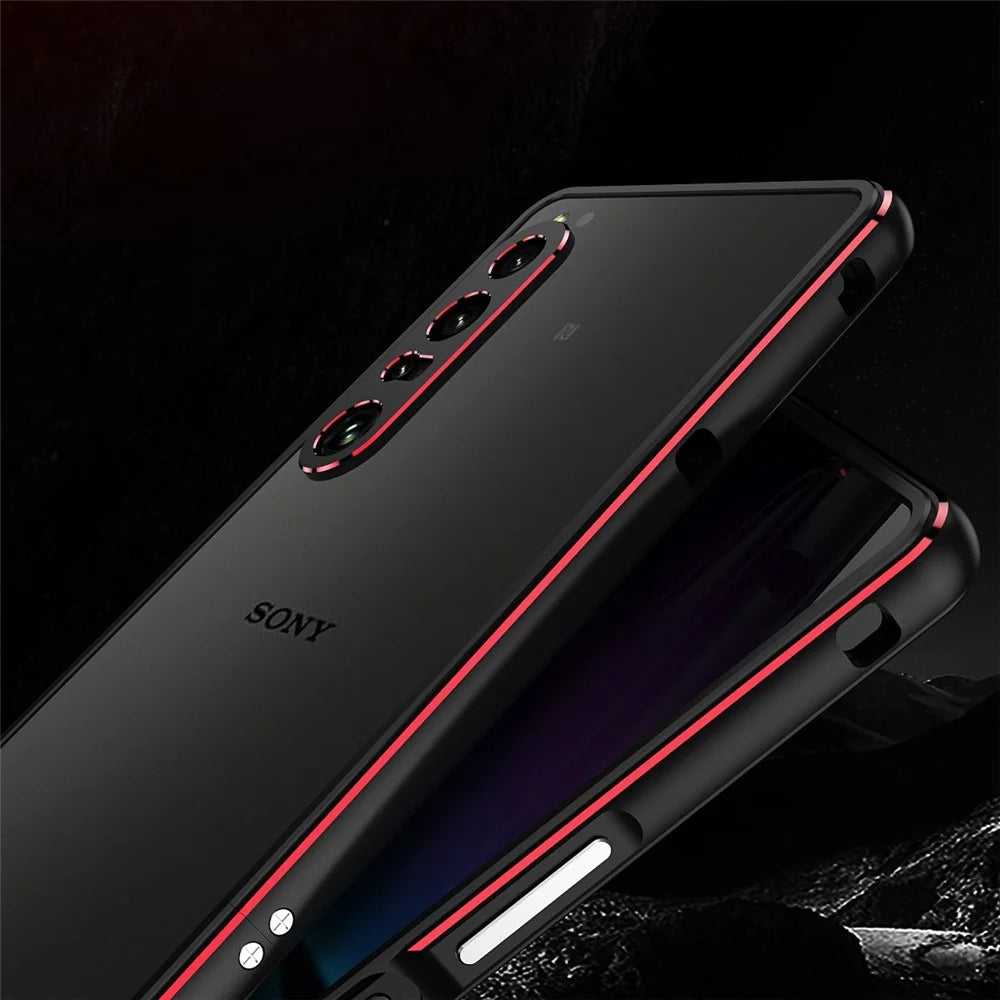 For Sony Xperia 1 IV 5G Bumper Case Metal Frame Shock Absorbent Bumper Cover with Camera Lens Protector - Black/Red - 4