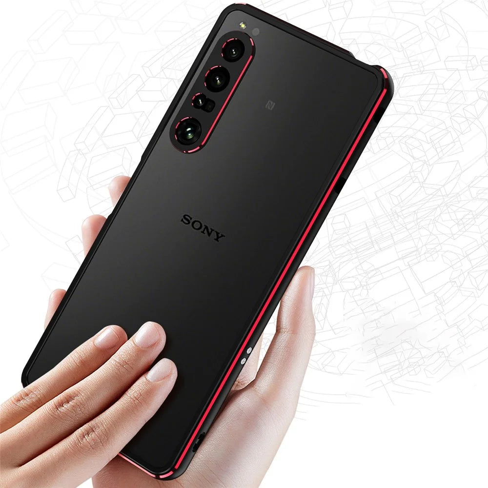 For Sony Xperia 1 IV 5G Bumper Case Metal Frame Shock Absorbent Bumper Cover with Camera Lens Protector - Black/Red - 5