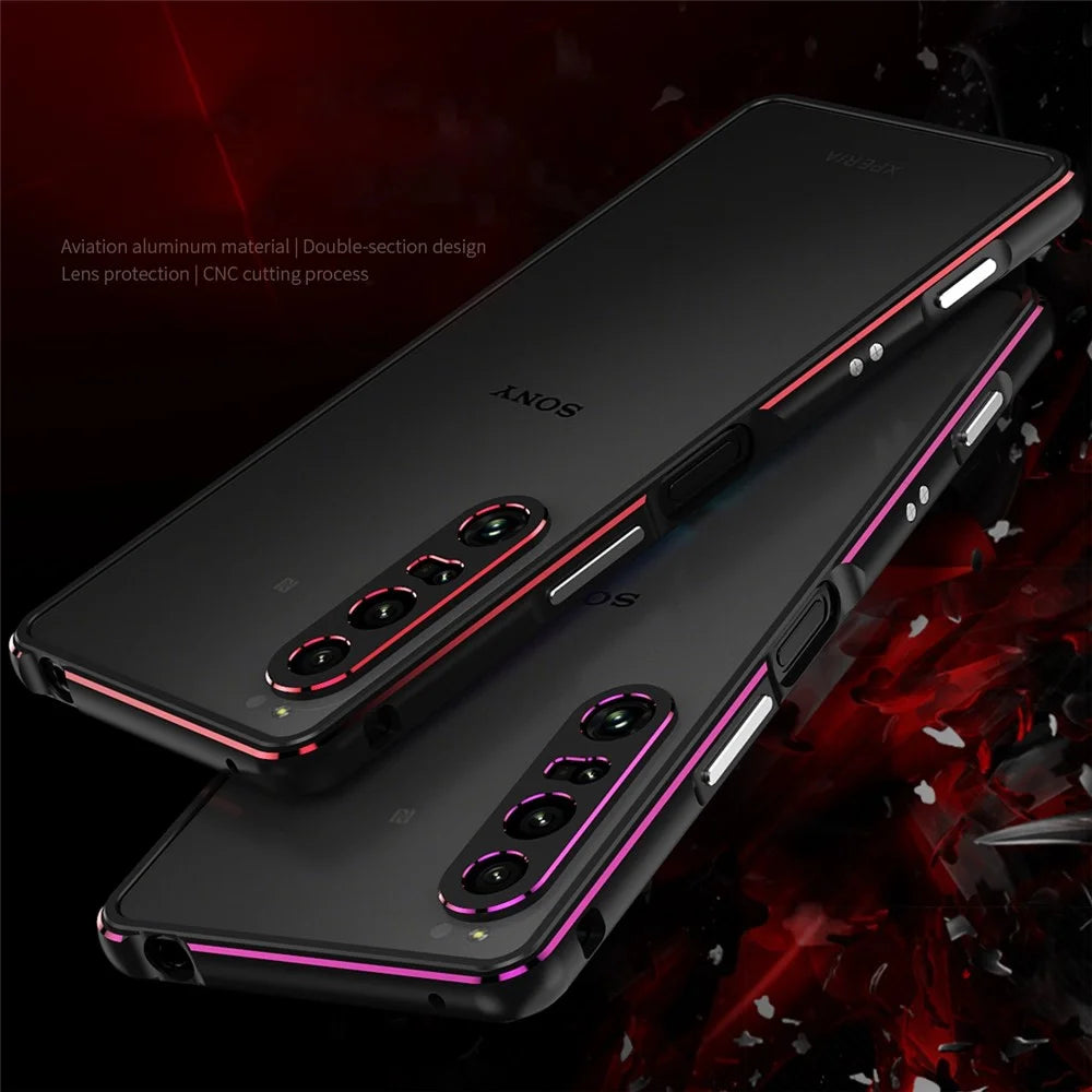 For Sony Xperia 1 IV 5G Bumper Case Metal Frame Shock Absorbent Bumper Cover with Camera Lens Protector - Black/Red - 6