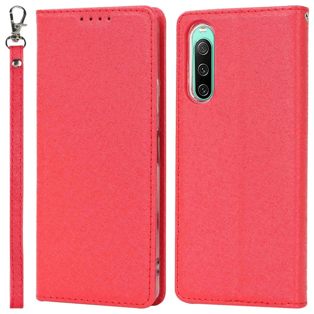 For Sony Xperia 10 IV 5G Anti-scratch PU Leather Silk Texture Phone Case Stand Wallet Shockproof Mobile Phone Cover with Strap - Red - 1