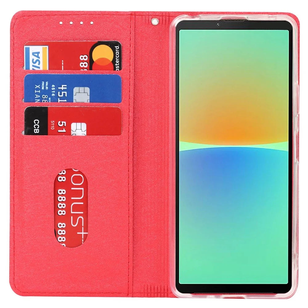 For Sony Xperia 10 IV 5G Anti-scratch PU Leather Silk Texture Phone Case Stand Wallet Shockproof Mobile Phone Cover with Strap - Red - 2