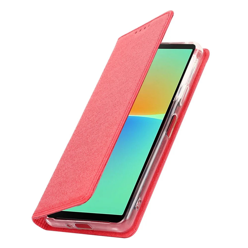 For Sony Xperia 10 IV 5G Anti-scratch PU Leather Silk Texture Phone Case Stand Wallet Shockproof Mobile Phone Cover with Strap - Red - 6