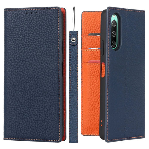 For Sony Xperia 10 IV 5G Shockproof Genuine Leather Case Litchi Texture Wallet Stand Anti-scratch Phone Shell with Hand Strap - Dark Blue - 1