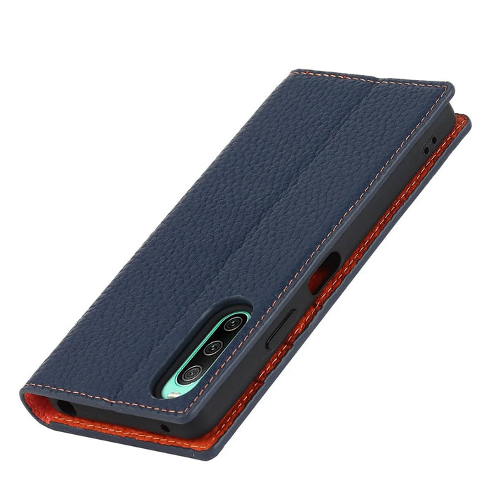 For Sony Xperia 10 IV 5G Shockproof Genuine Leather Case Litchi Texture Wallet Stand Anti-scratch Phone Shell with Hand Strap - Dark Blue - 6