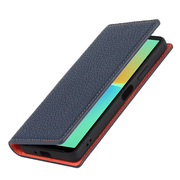 For Sony Xperia 10 IV 5G Shockproof Genuine Leather Case Litchi Texture Wallet Stand Anti-scratch Phone Shell with Hand Strap - Dark Blue - 7