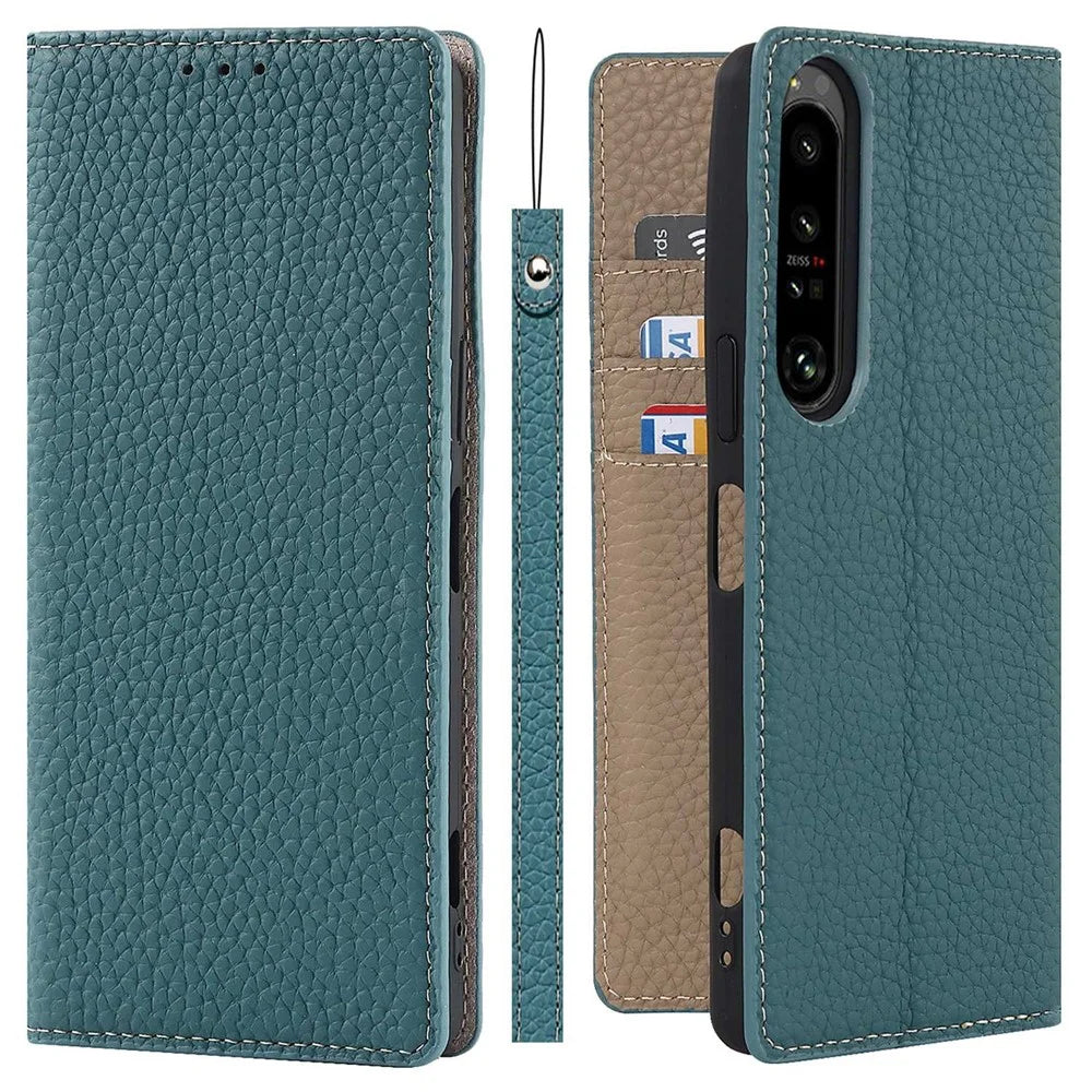 For Sony Xperia 1 IV 5G Full Covering Litchi Texture Genuine Leather Phone Case Wallet Stand Anti-fall Protective Cover with Wrist Strap - Baby Blue - 1