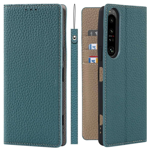 For Sony Xperia 1 IV 5G Full Covering Litchi Texture Genuine Leather Phone Case Wallet Stand Anti-fall Protective Cover with Wrist Strap - Baby Blue - 1