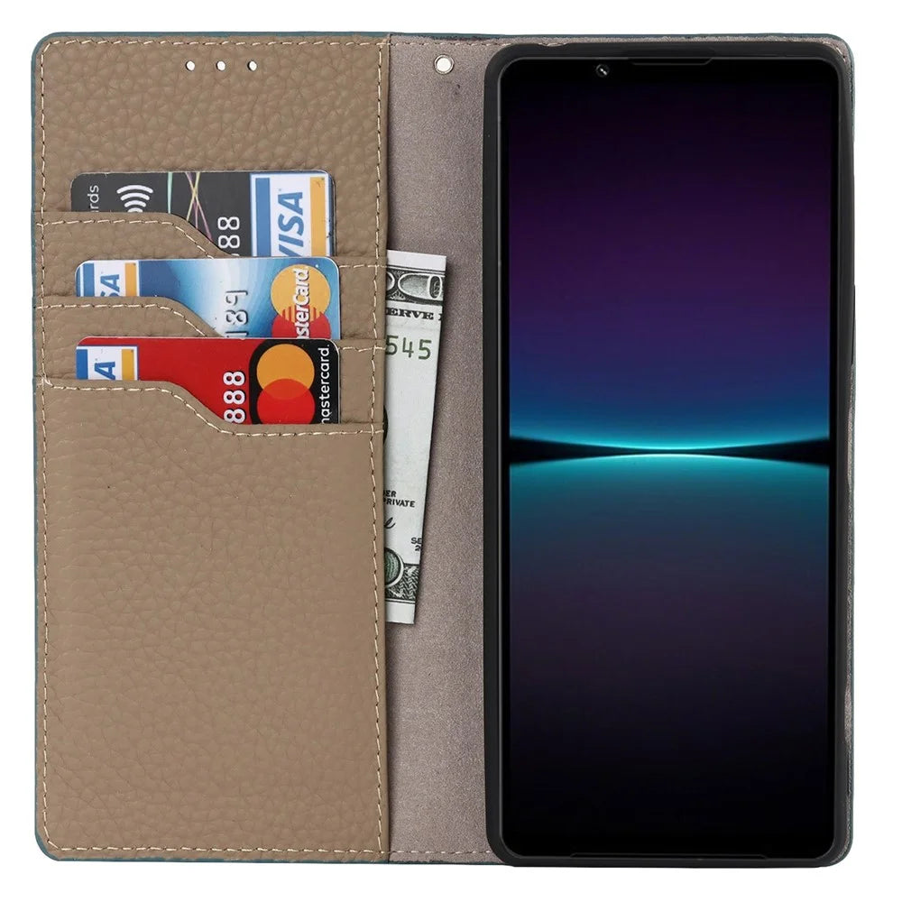 For Sony Xperia 1 IV 5G Full Covering Litchi Texture Genuine Leather Phone Case Wallet Stand Anti-fall Protective Cover with Wrist Strap - Baby Blue - 2