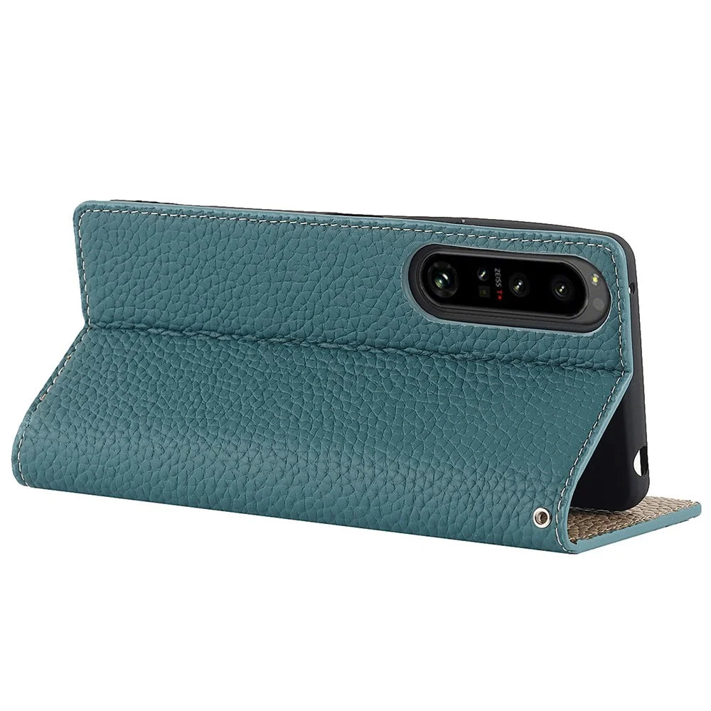 For Sony Xperia 1 IV 5G Full Covering Litchi Texture Genuine Leather Phone Case Wallet Stand Anti-fall Protective Cover with Wrist Strap - Baby Blue - 3