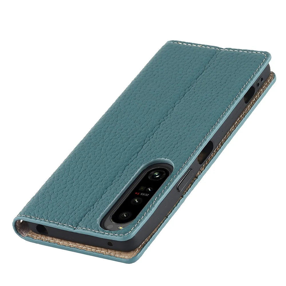 For Sony Xperia 1 IV 5G Full Covering Litchi Texture Genuine Leather Phone Case Wallet Stand Anti-fall Protective Cover with Wrist Strap - Baby Blue - 6