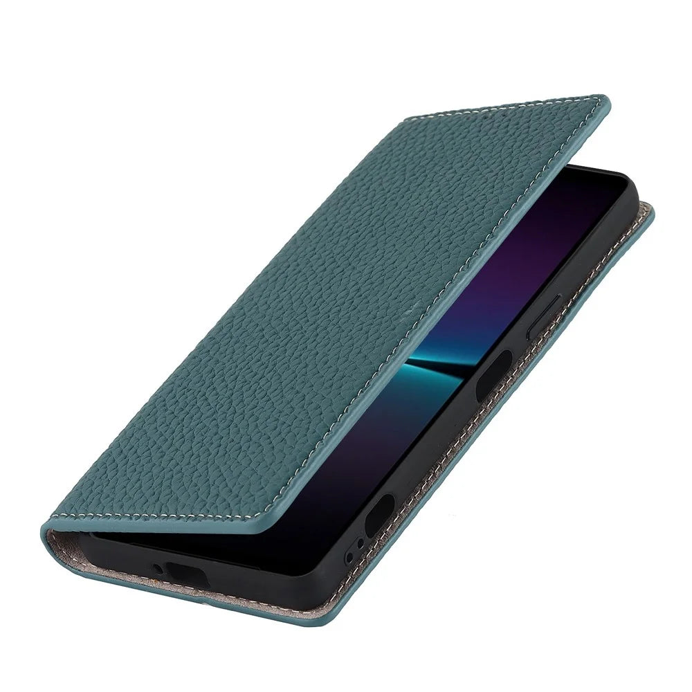 For Sony Xperia 1 IV 5G Full Covering Litchi Texture Genuine Leather Phone Case Wallet Stand Anti-fall Protective Cover with Wrist Strap - Baby Blue - 7