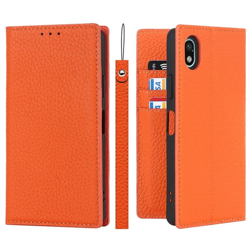 For Sony Xperia Ace III 5G Shockproof Phone Cover Litchi Texture Genuine Leather Case Wallet Stand with Hand Strap - Orange - 1