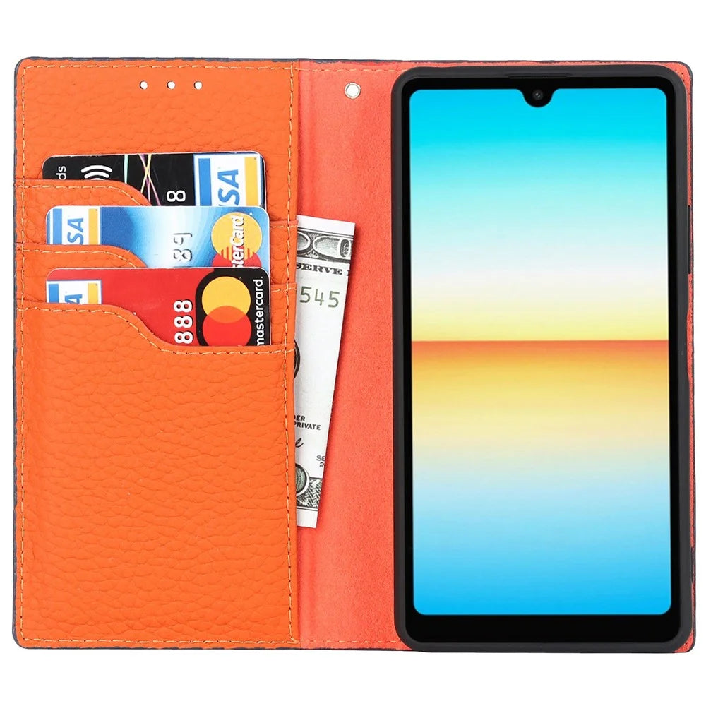 For Sony Xperia Ace III 5G Shockproof Phone Cover Litchi Texture Genuine Leather Case Wallet Stand with Hand Strap - Orange - 2