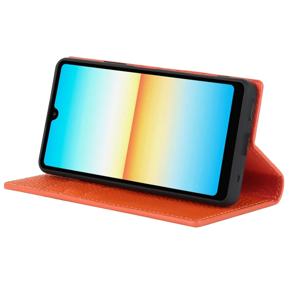 For Sony Xperia Ace III 5G Shockproof Phone Cover Litchi Texture Genuine Leather Case Wallet Stand with Hand Strap - Orange - 3