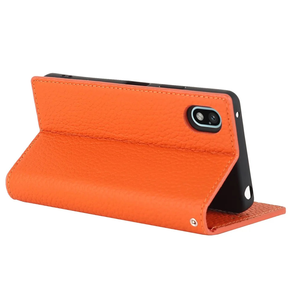 For Sony Xperia Ace III 5G Shockproof Phone Cover Litchi Texture Genuine Leather Case Wallet Stand with Hand Strap - Orange - 4