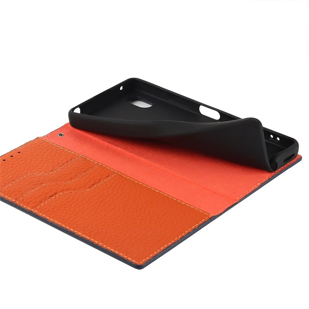 For Sony Xperia Ace III 5G Shockproof Phone Cover Litchi Texture Genuine Leather Case Wallet Stand with Hand Strap - Orange - 5