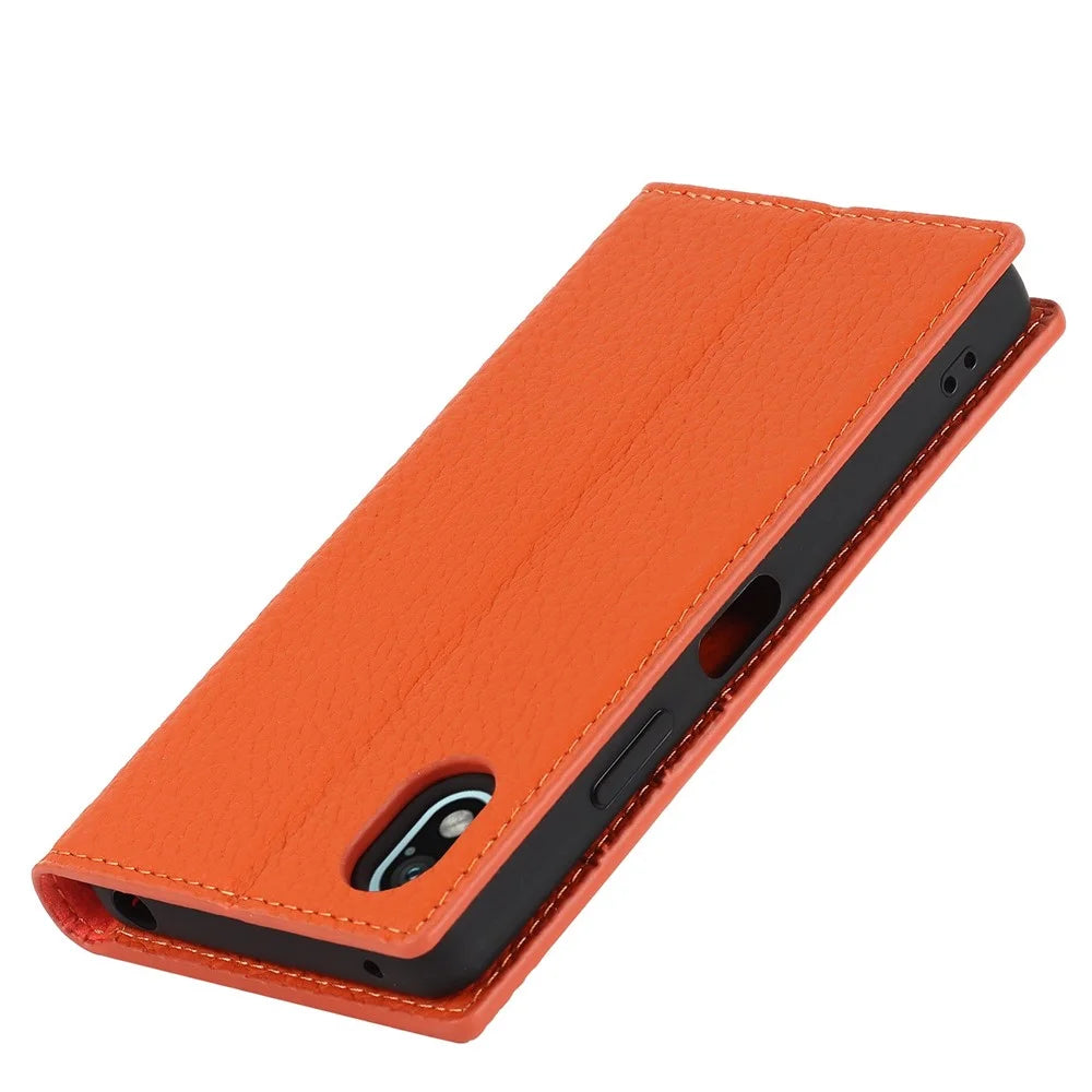 For Sony Xperia Ace III 5G Shockproof Phone Cover Litchi Texture Genuine Leather Case Wallet Stand with Hand Strap - Orange - 6