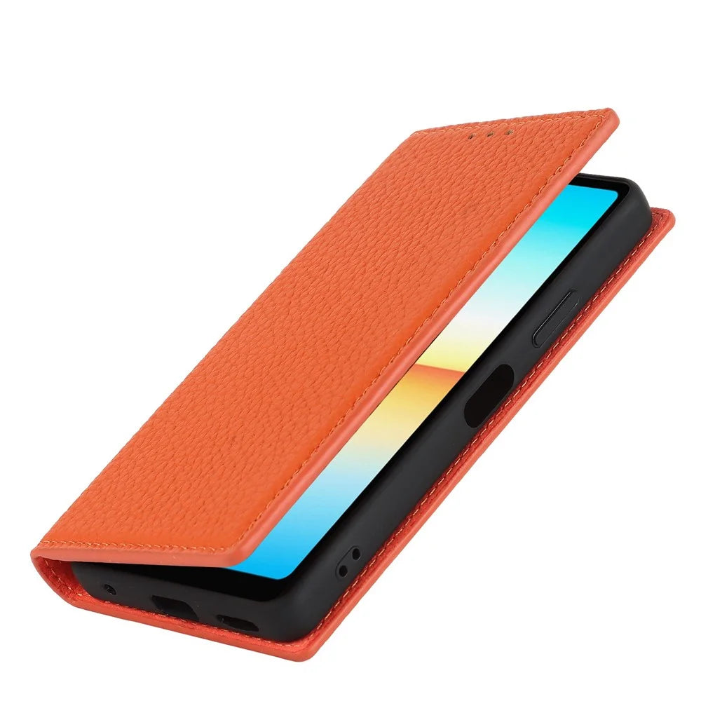 For Sony Xperia Ace III 5G Shockproof Phone Cover Litchi Texture Genuine Leather Case Wallet Stand with Hand Strap - Orange - 7