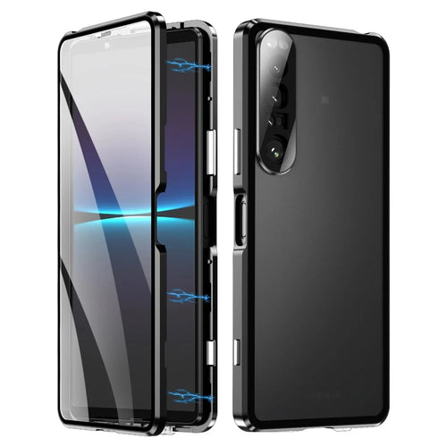 For Sony Xperia 1 IV 5G Anti-drop Anti-wear Metal Frame + Tempered Glass + PC Hybrid Cover Magnetic Closure Phone Shell Case - Black - 1
