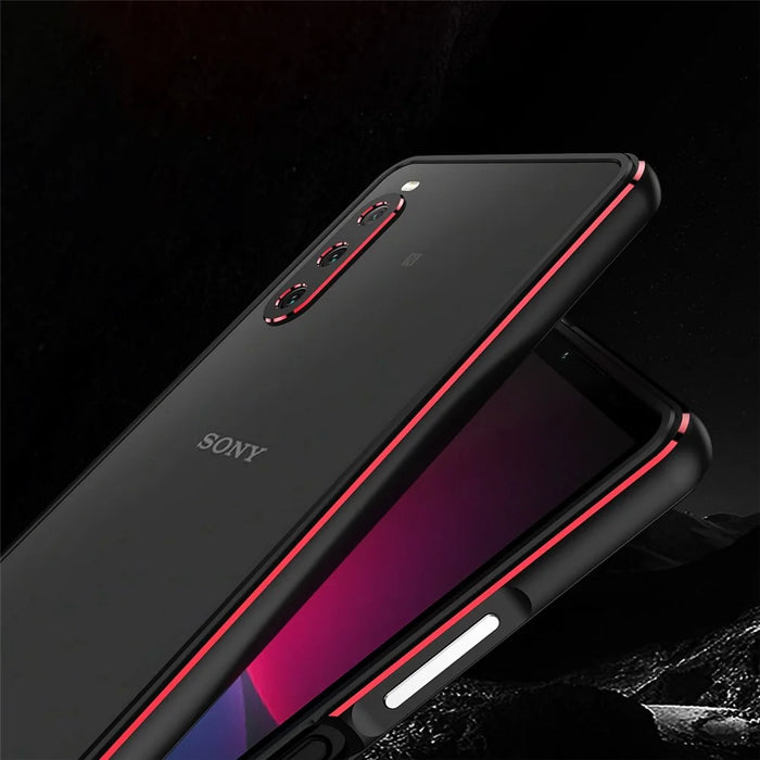 For Sony Xperia 10 IV 5G Anti-scratch Phone Case Metal Frame Shock Absorbent Bumper Cover with Camera Lens Protector - Black / Red - 3