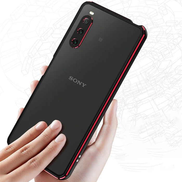 For Sony Xperia 10 IV 5G Anti-scratch Phone Case Metal Frame Shock Absorbent Bumper Cover with Camera Lens Protector - Black / Red - 5