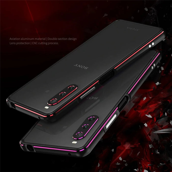 For Sony Xperia 10 IV 5G Anti-scratch Phone Case Metal Frame Shock Absorbent Bumper Cover with Camera Lens Protector - Black / Red - 6