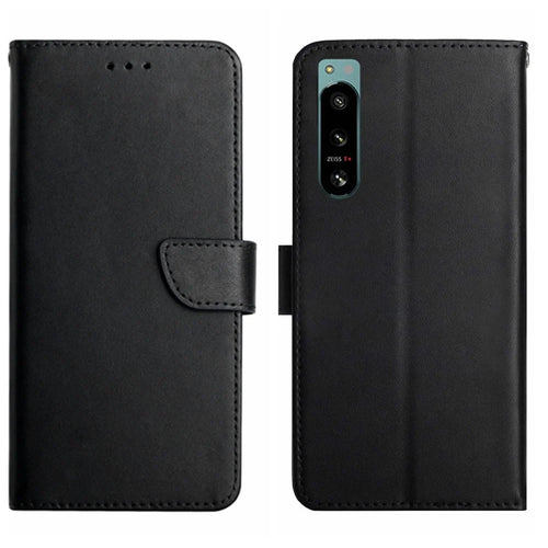 For Sony Xperia 5 IV 5G HT02 Nappa Texture Genuine Leather Wallet Case Stand Magnetic Closure Solid Color Cover - Black - 1