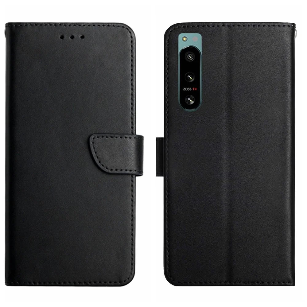 For Sony Xperia 5 IV 5G HT02 Nappa Texture Genuine Leather Wallet Case Stand Magnetic Closure Solid Color Cover - Black - 1