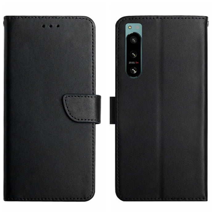 For Sony Xperia 5 IV 5G HT02 Nappa Texture Genuine Leather Wallet Case Stand Magnetic Closure Solid Color Cover - Black - 1
