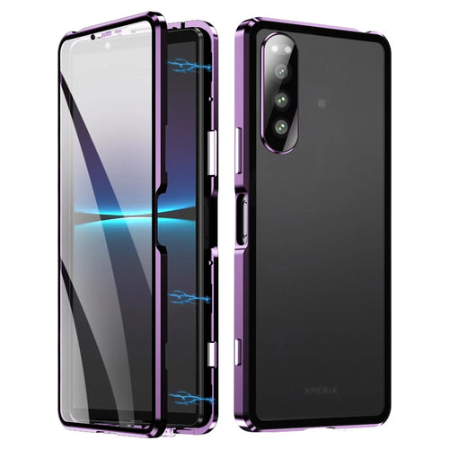 For Sony Xperia 5 IV 5G Phone Case Metal Frame + Tempered Glass + PC Back Shock-absorbing Hybrid Cover Magnetic Closure Phone Shell Case - Purple - 1