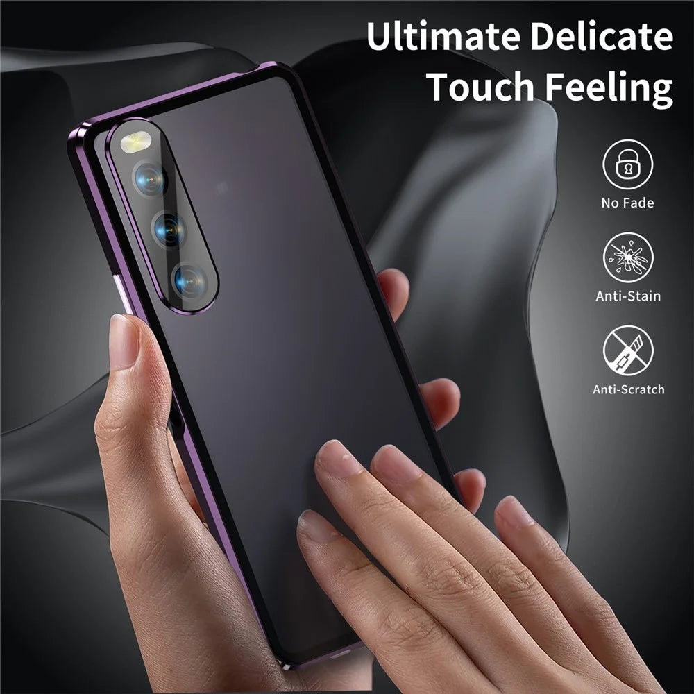 For Sony Xperia 10 V Magnetic Adsorption Case Metal Frame + Tempered Glass + PC Back Clear Phone Cover - Purple - 2