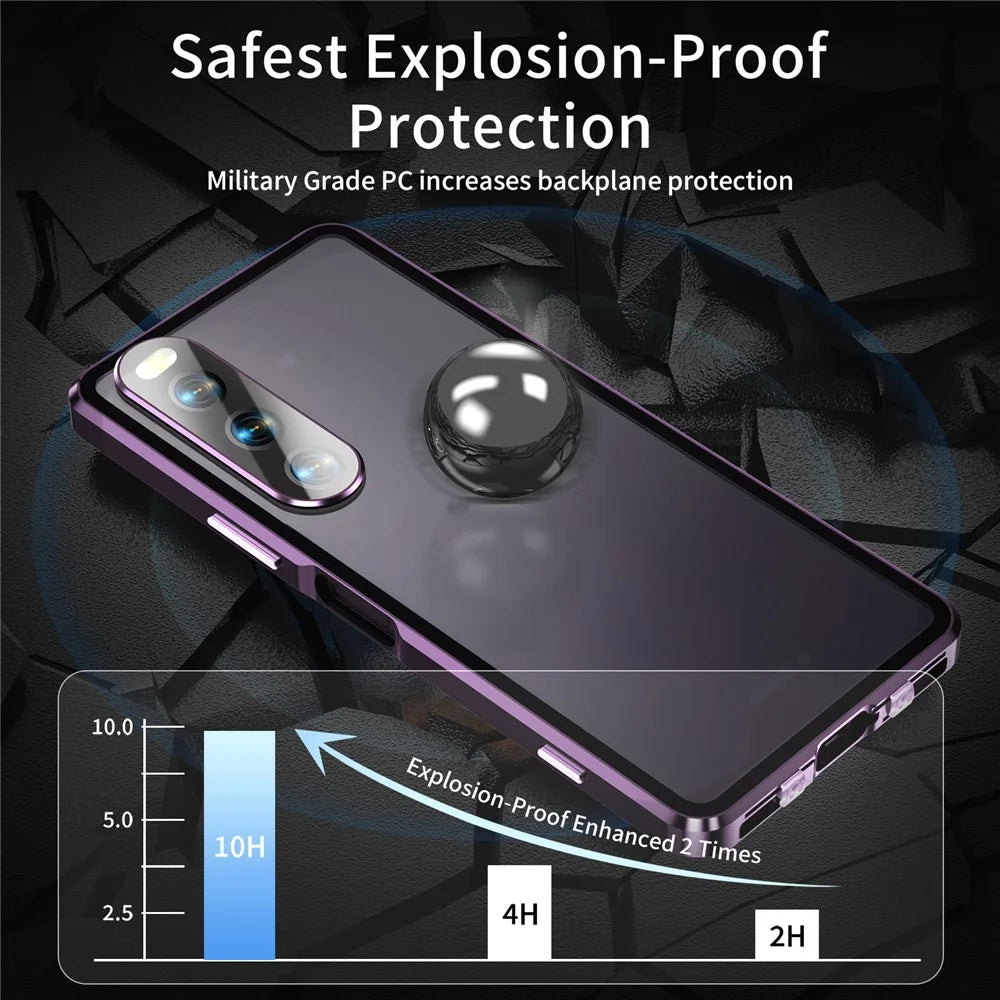 For Sony Xperia 10 V Magnetic Adsorption Case Metal Frame + Tempered Glass + PC Back Clear Phone Cover - Purple - 4