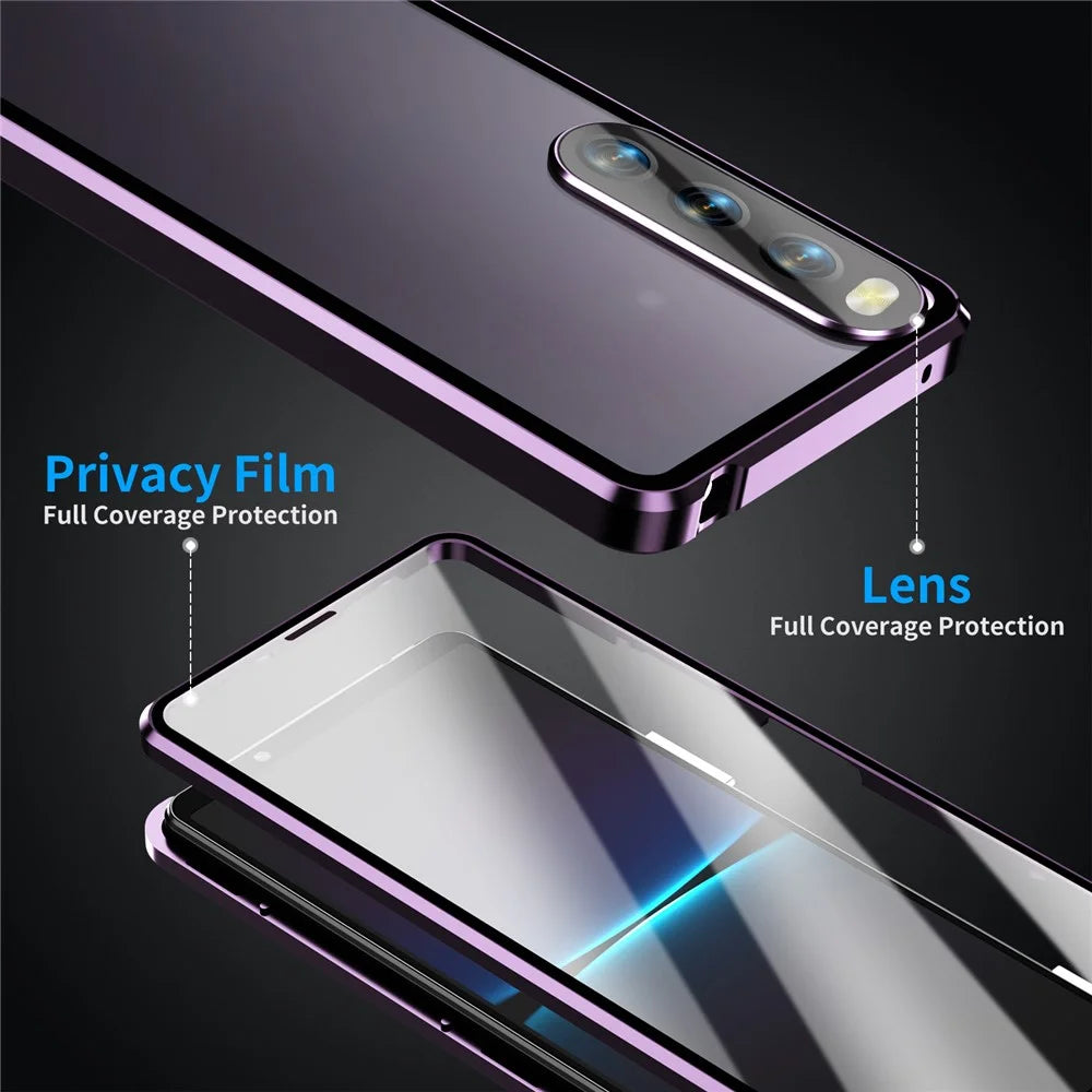 For Sony Xperia 10 V Magnetic Adsorption Case Metal Frame + Tempered Glass + PC Back Clear Phone Cover - Purple - 5